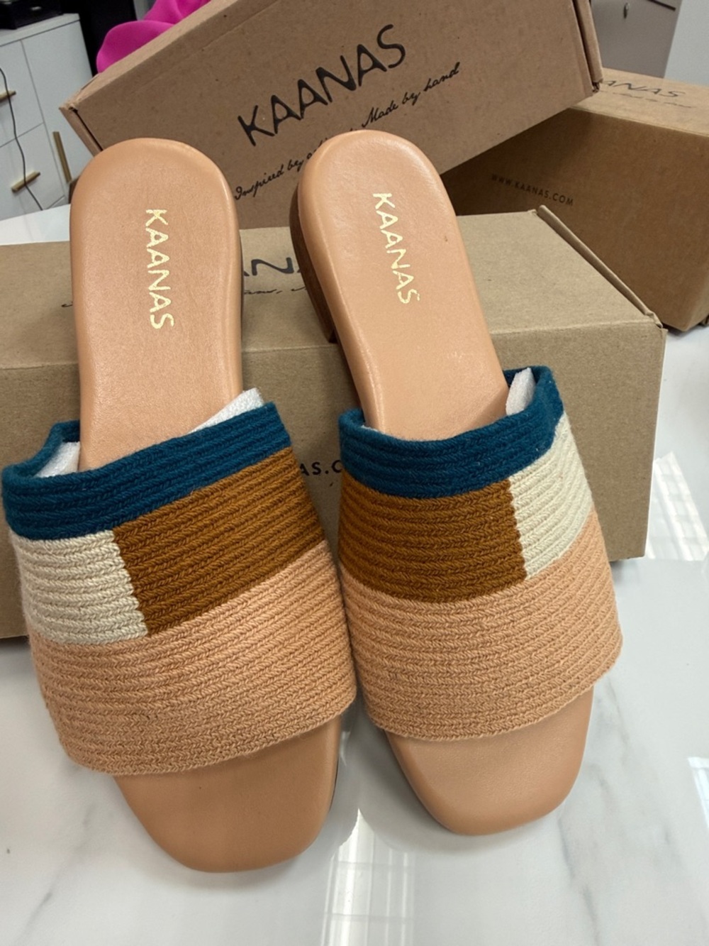Kaanas Teal, Cream, Tan & Peach Slide Mules NWT